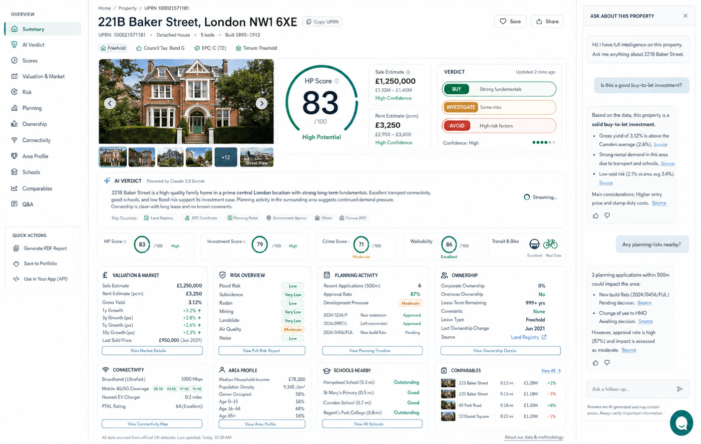 Example HomePortfolio property intelligence page showing the property summary, HP score, AI verdict, valuation, risk, planning, ownership, connectivity, area profile, schools, comparables and ask rail.